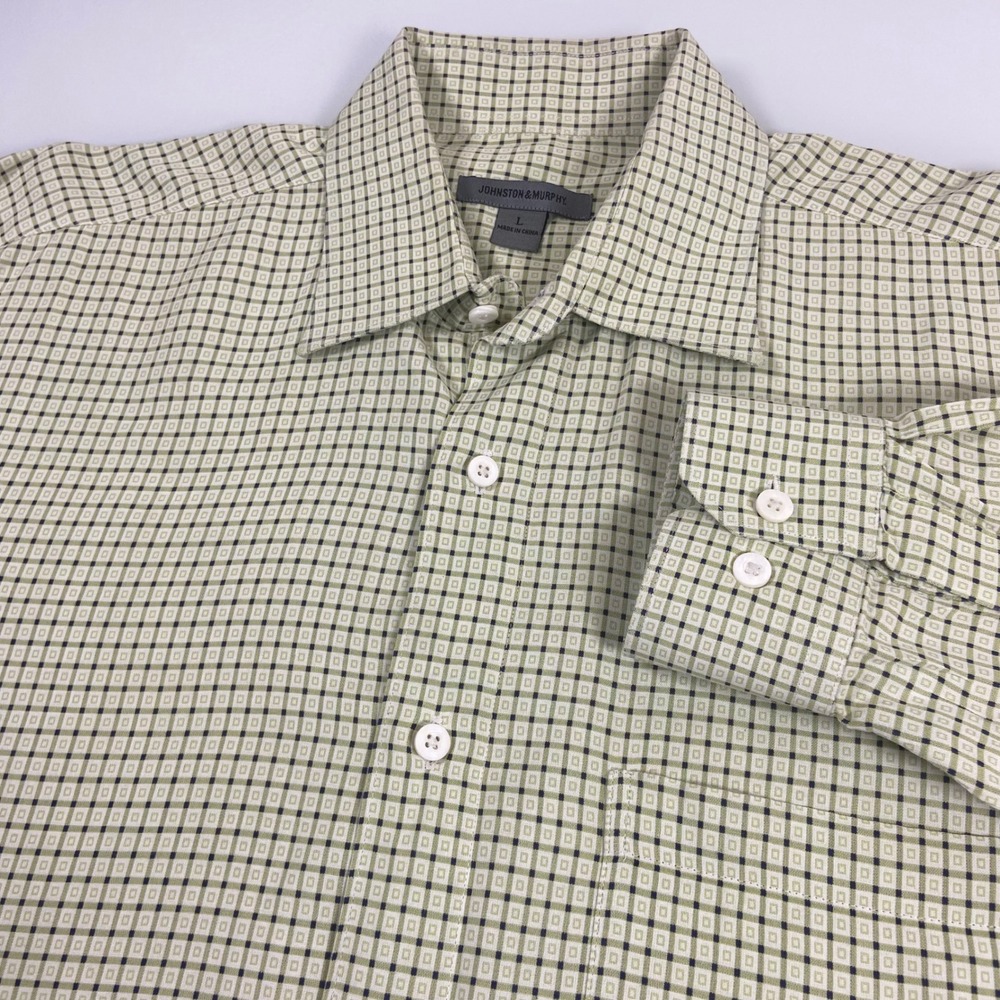 Johnston & Murphy Mens Large Green Geometric Print Button Up Shirt‎ Excellent L